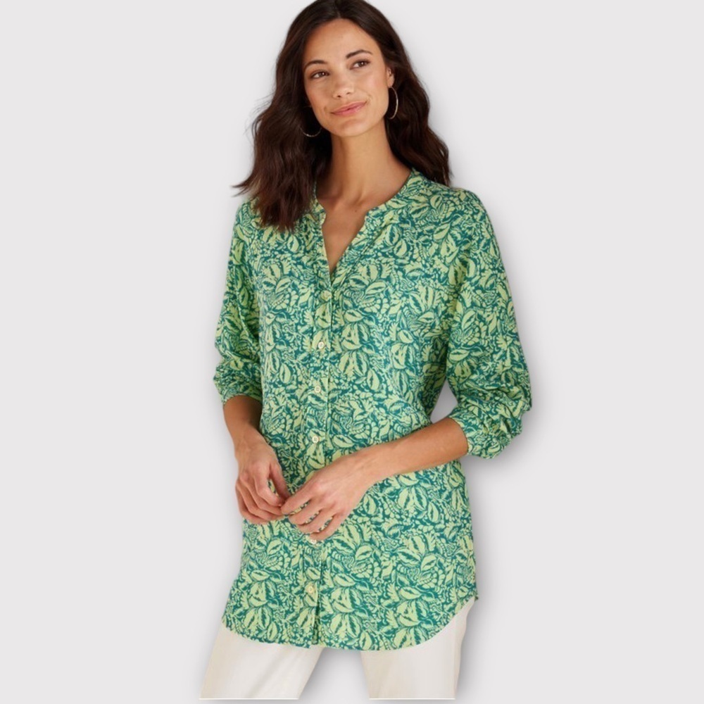 Soft Surroundings Jodi Gauze Shirt Green Floral Print NWT